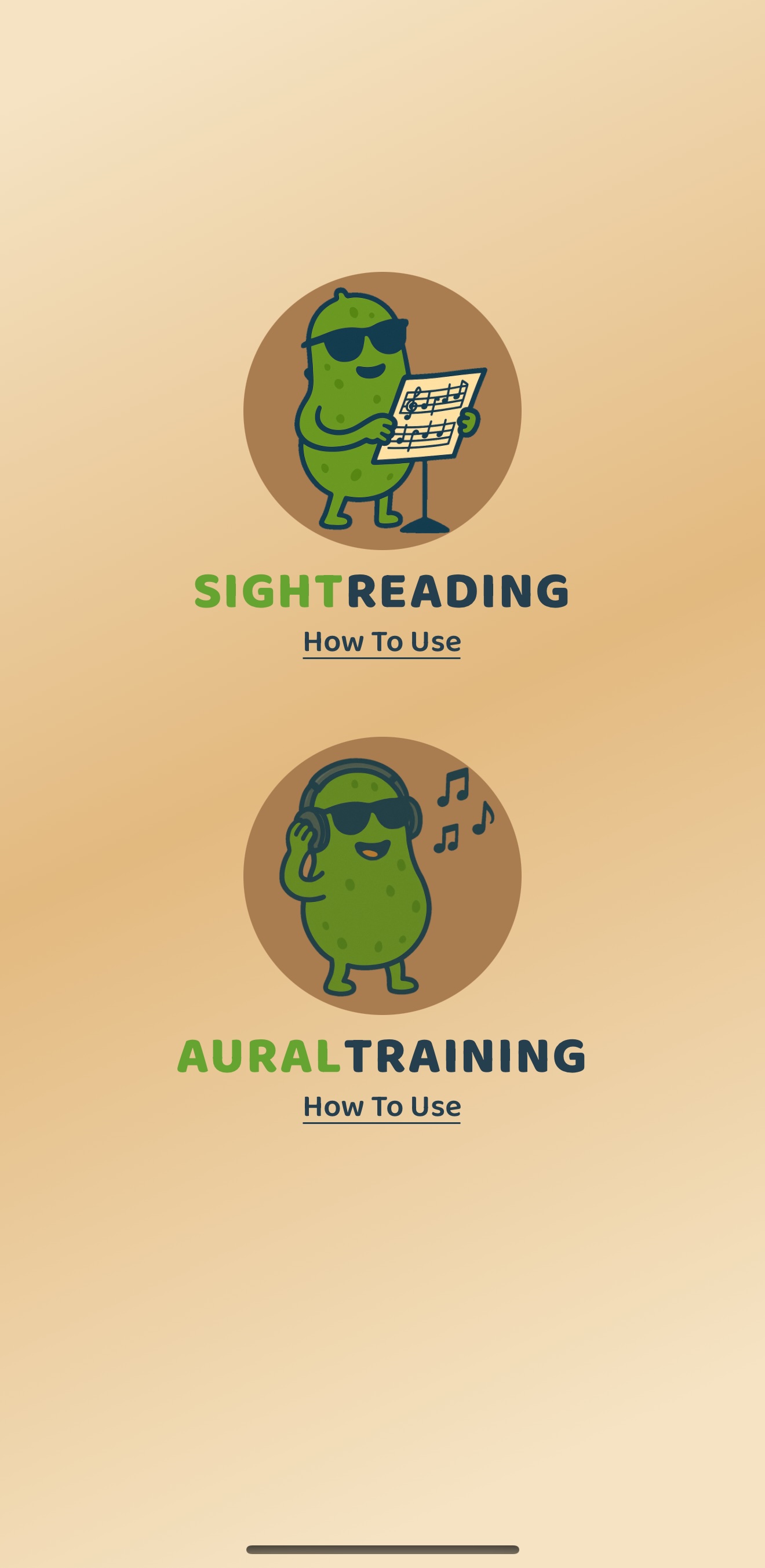 Landing page with sight reading and aural training options to choose from